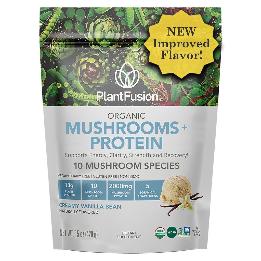 Plantfusion Mushroom Protein Powder - 3 i 1 Vegan Protein Powder, Mushroom supplement, og Adaptogen supplement - Support Mental Fokus, Immunitet, og Inddrivelse - Vanilla 1lb
