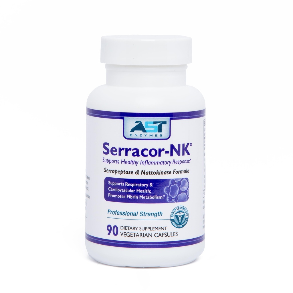 AST Enzymer Serracor- NK - Proteolytisk systemisk enzymformel - Indeholder syre- resistent serrapeptase og syre- resistent Natokinase - 90 Vegetariske kapsler