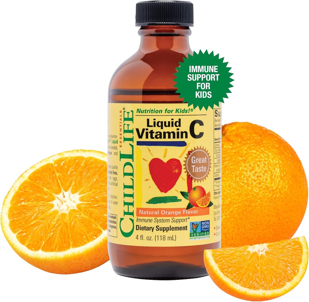 BEDLIV VÆSENTLIGE Flydende C-vitamin - Pure Vitamin C Flydende supplement til børn, Toddlers, & Babyer, immunsystemet support, Natural Orange Flavor, 4 Fl Oz (pakke med 1)