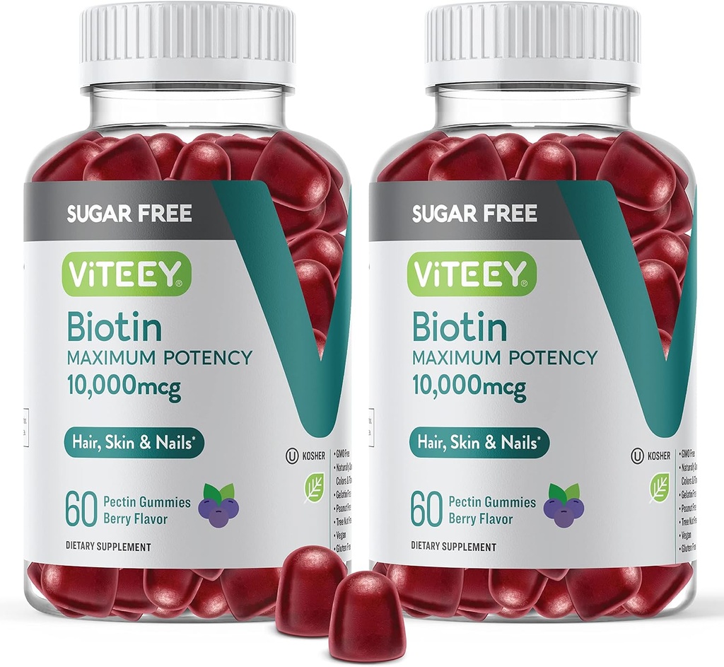 Viteey Biotin Gummies for Hair, Skin, and Nails 10,000mcg - Sugar Free - Hair Growth Gummies, Healthy Skin Glow, Strong Healthy Nail Growth - Vegan, Gluten Free, Gelatin Free- Tasty Berry Flavor