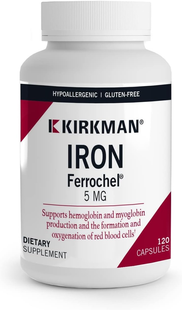 Kirkman - Iron Ferrochel 5mg - 120 kapsler - Aids Hæmoglobin & Myoglobin Produktion - Understøtter røde blodceller dannelse - Hypoallergen