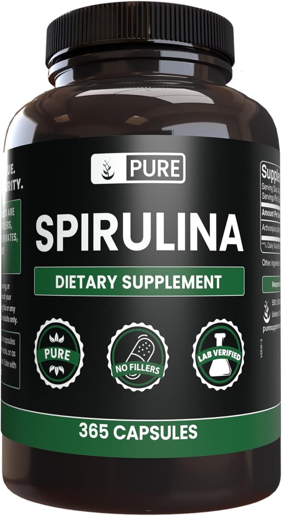 Pure Original Ingredienser Spirulina (365 kapsler) Ingen Magnesium eller ris Fyldere, Altid Pure, Lab Verified