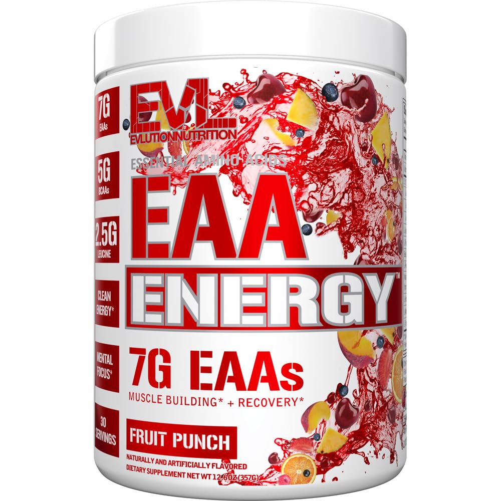 Evolution Nutrition EAA Energy - Pre & Post Workout Powder - Muscle Building & Recovery Supplement - 7g Essential Aminosyrer + 5g BCAA - Clean Energy - med koffein - 30 Servering - Frugt Punch
