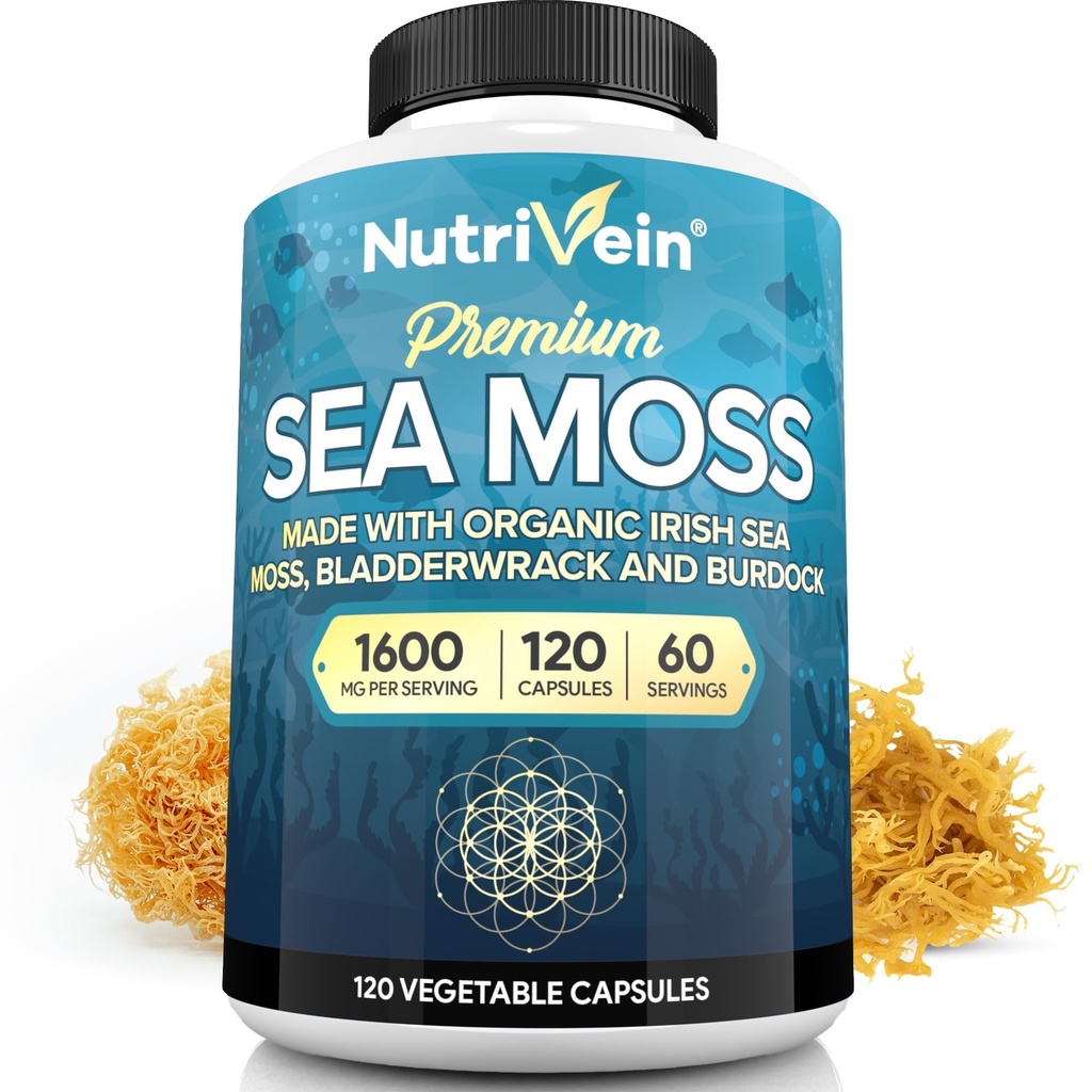 Nutrivein Organic Sea Moss 1600mg Plus Bladderwrack & Burdock - 120 Caps for voksne - Prebiotic Super- Food - Immunsystemet & fordøjelsessygdomme - Thyroid, Hud, Keto Detox, Gut, fælles støtte