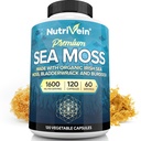Nutrivein Organic Sea Moss 1600mg Plus Bladderwrack & Burdock - 120 Caps for voksne - Prebiotic Super- Food - Immunsystemet & fordøjelsessygdomme - Thyroid, Hud, Keto Detox, Gut, fælles støtte