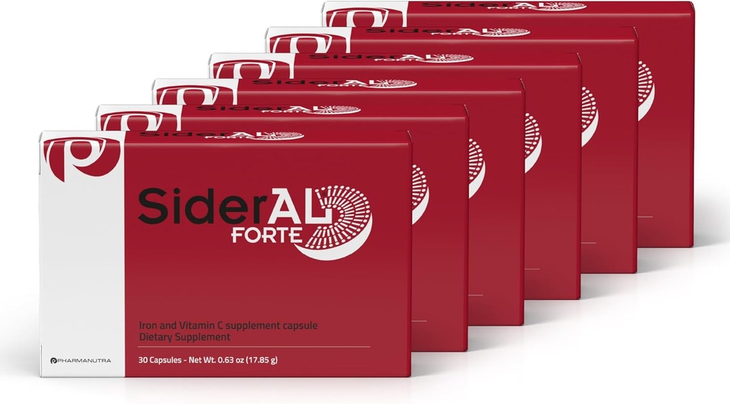 Sideral Forte jerntilskud og C-vitamin for kvinder og mænd - Premium supplement for mangel og anæmi support - Høj Absorption - genert på Maven - ikke-constipating - 180 Caps