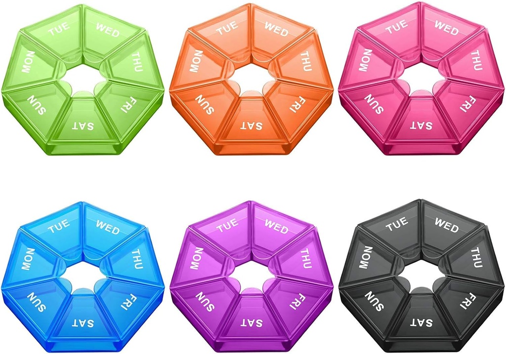 Patelai 6 Pcs Lille Ugentlig Pill Organizer 7 dag Sidet Pill Vitamin Case Portable Planner 7 Copartment Travel Round Storage Box Daily Reminder Container for Medicine Supplement Fish Oil (Vivid Farver)