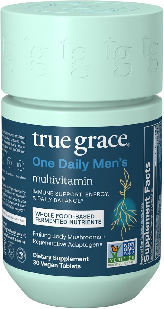 True Grace One Daily Men 's Multivitamin Fermented Minerals, Organic Adaptogens & Mushrooms Whole Body Balance Immun, Endurance, Bone & Heart Support - Non- GMO, Gluten Free - 30 Veganske tabletter