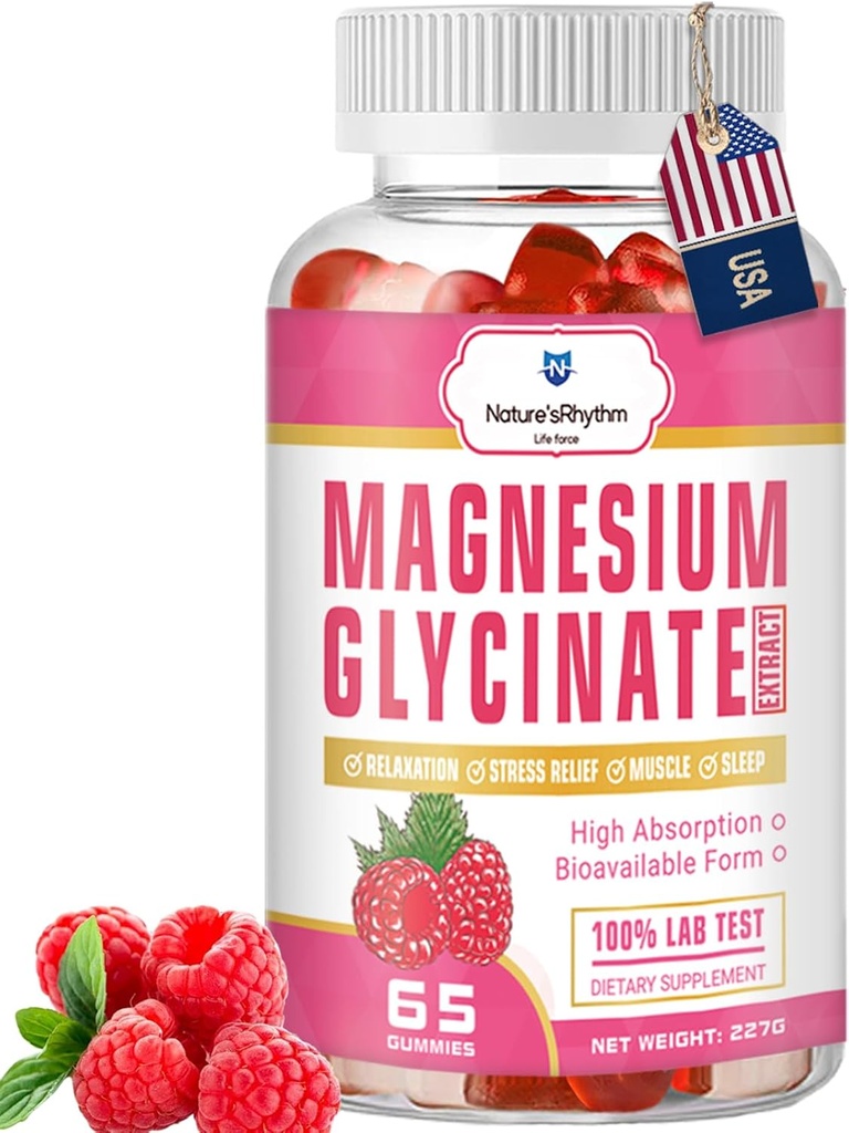 Naturens Rhythm Magnesium Gummies 500mg - 65 Ct - 124; Magnesium Glycinate Kosttilskud til afslapning, Stress Relief, og søvn for voksne & Kids Tasty og Tangy Raspberry Flavor