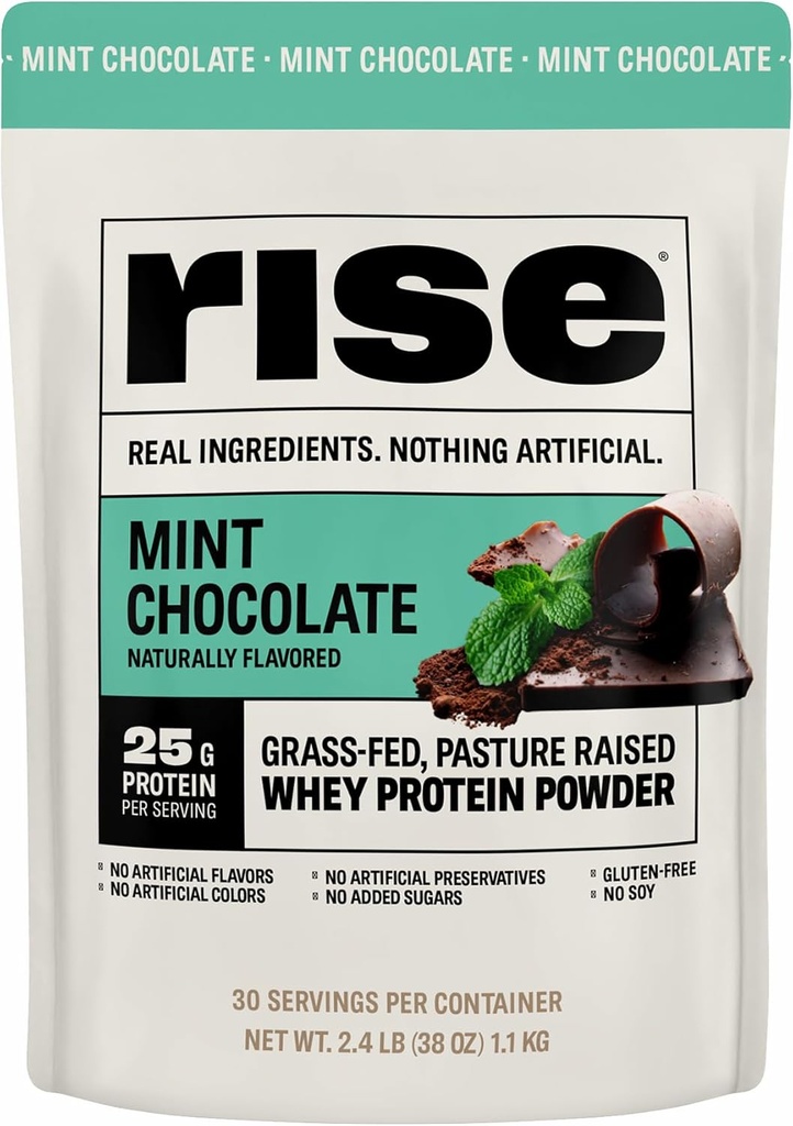 Rise Grass- Fed Whey Protein Powder - Mint Chokolade Buddy 124; 25g Protein Ingen Kunstig Artificielle Artiskokker, Farver, eller Konserveringsmidler - Sugar Free, Gluten- Free, Soy Free (2.4 lbs)