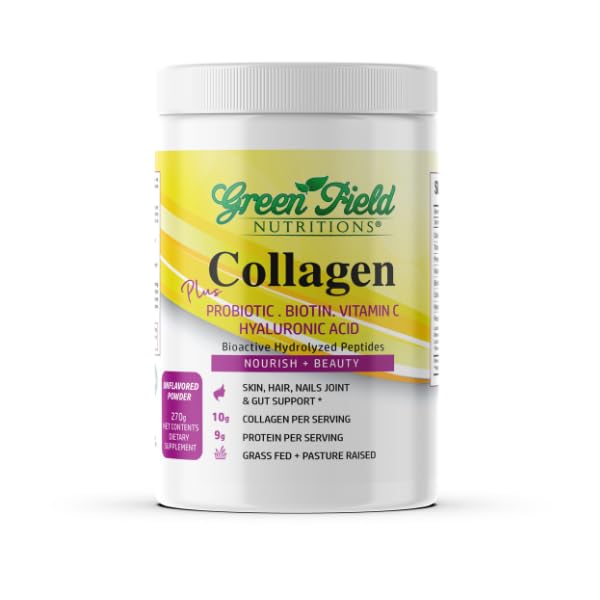 Greenfield Nutritions Halal Collagen Peptider Powder - 9g Halal Protein Probiotic, Biotin, Hyaluronsyre & C-vitamin - 270g Halal Collagen for kvinder & mænd - Understøtter hår, hud, negle, Joints & Gut