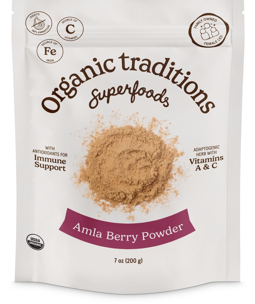 Organic Traditions Organic Amla Berry Powder, Pulvered Amla Indian Gooseberry, Non- GMO Organic Poweded Fruit Superfood, 7oz (200g) Bag