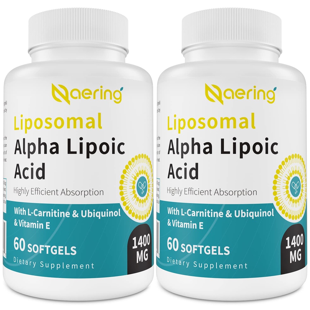 Liposomal Alpha Lipoic Acid 1400mg Softgels, ALA tillæg med L- Carnitin 1000mg, Ubiquinol (Active CoQ10) 100mg og E-vitamin 10mg, Alpha- Lipoic Acid for Antioxidants, Nerve, Energy 120 Softgel