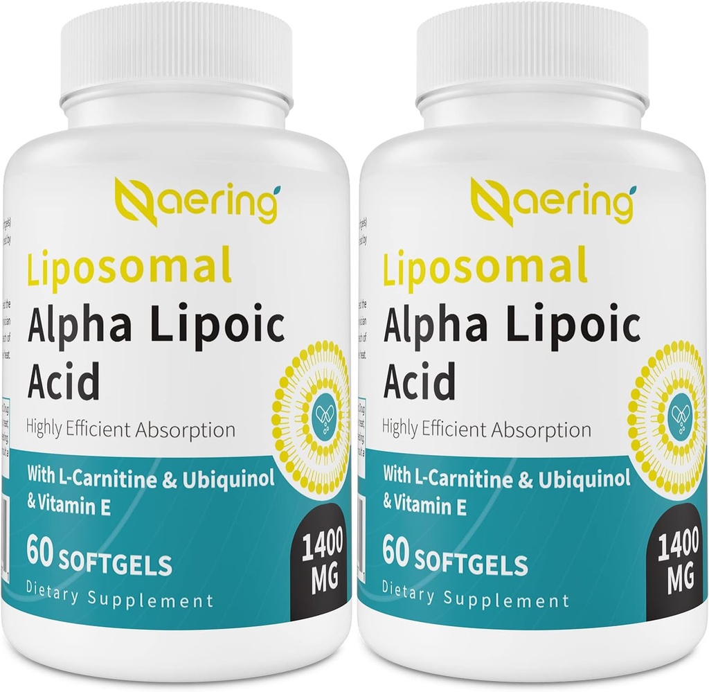 Liposomal Alpha Lipoic Acid 1400mg Softgels, ALA tillæg med L- Carnitin 1000mg, Ubiquinol (Active CoQ10) 100mg og E-vitamin 10mg, Alpha- Lipoic Acid for Antioxidants, Nerve, Energy 120 Softgel