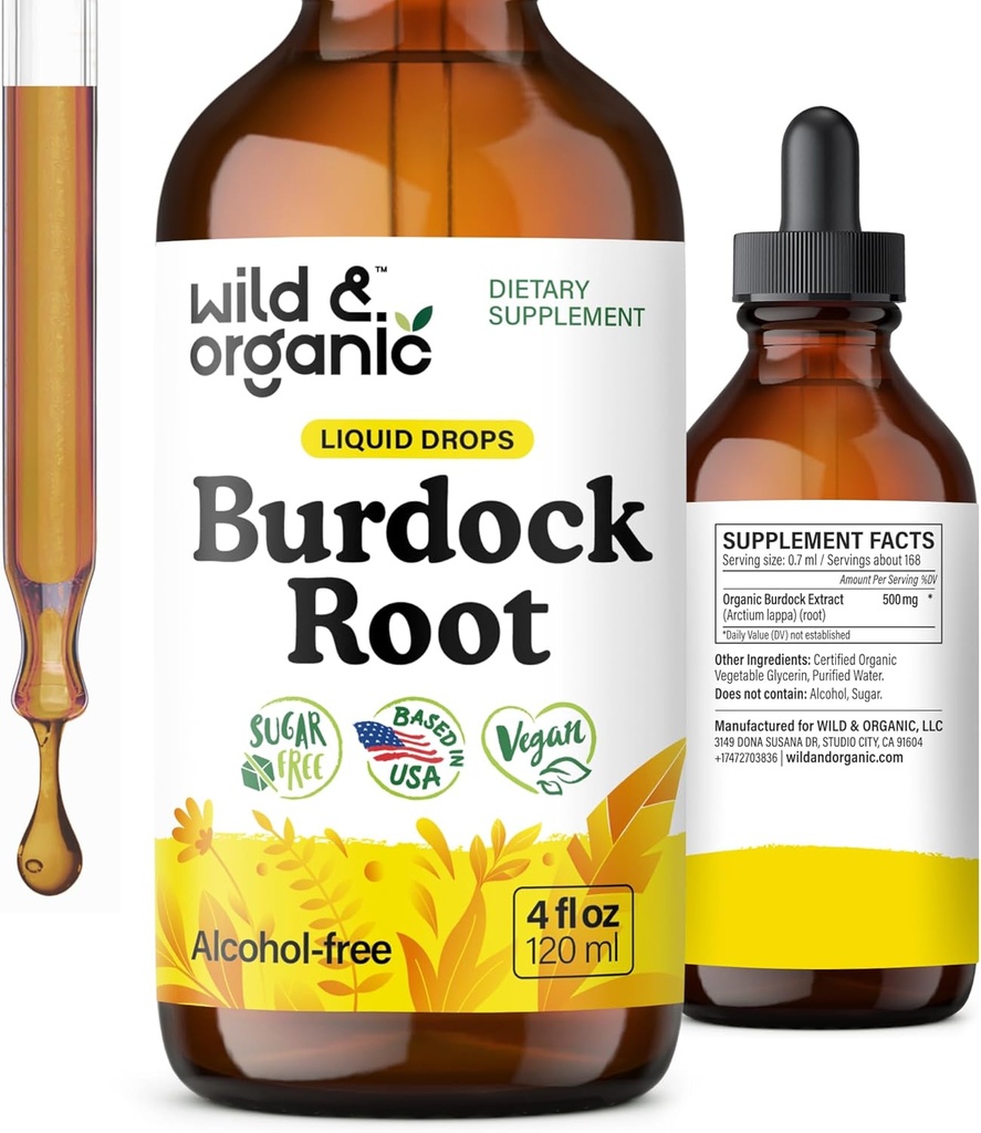Wild & Organic Burdock Root Tinktur - Flydende supplement til antioxidant, Detox, fordøjelsesstøtte - Burdock Root Herb Drops - Vegan, Sukker & Alkohol- Free - 4 fl oz