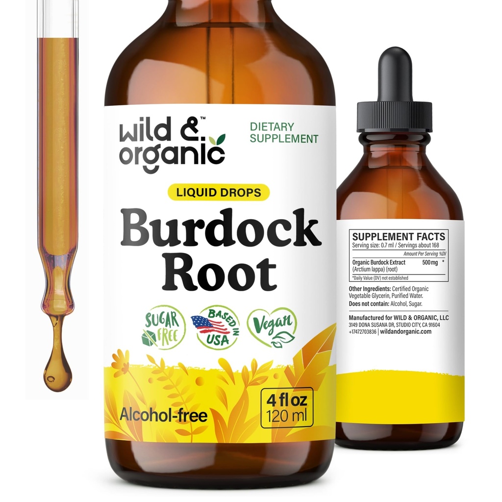 Wild & Organic Burdock Root Tinktur - Flydende supplement til antioxidant, Detox, fordøjelsesstøtte - Burdock Root Herb Drops - Vegan, Sukker & Alkohol- Free - 4 fl oz