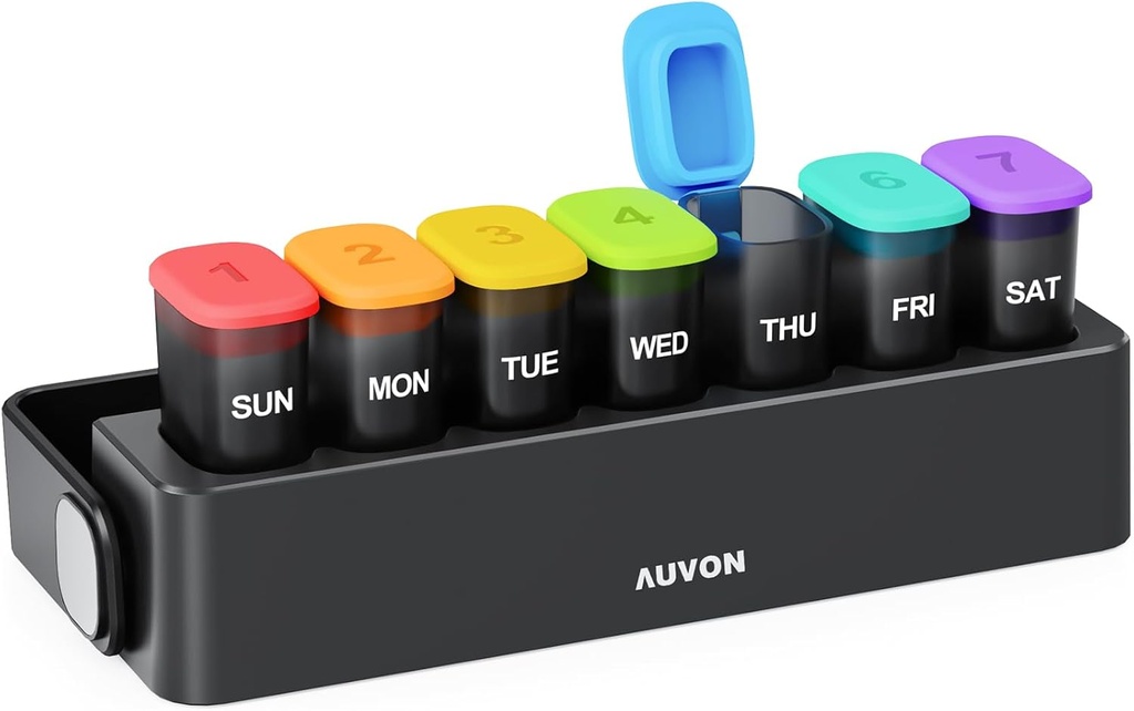 AUVON Moisture- Proof Weekly Pill Organizer med låsning Design, Sleek Pill Box 7 Dag nem at bruge, Black Pill sag for beskyttelse af privatlivets fred, Pill Holder for Medicin, Vitaminer, Fiskeolier, Kosttilskud