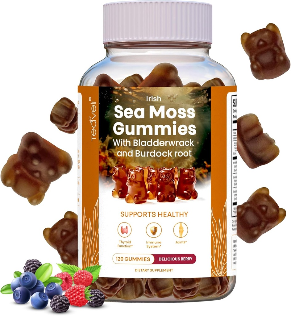 Irish Sea Moss Gummies- 120 Lækker Berry Vegan Seamoss Gummies med Burdock Root, Seamoss & Bladerwrack - Gume Vitaminer til at støtte en sund Thyroid, Gut & Immun- for voksne & børn