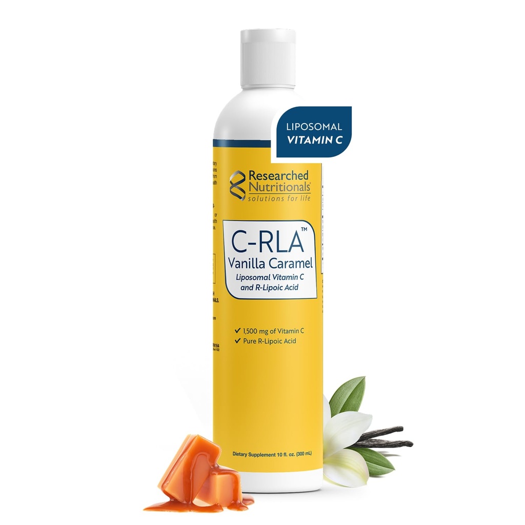 Researched Nutritionals C- RLA - Liposomal C-vitamin med R Lipoic Acid til støtte Detox - Vegan & Soy- Free C-vitamin Flydende, Vanilla Caramel Flavor (10 Fl Oz)