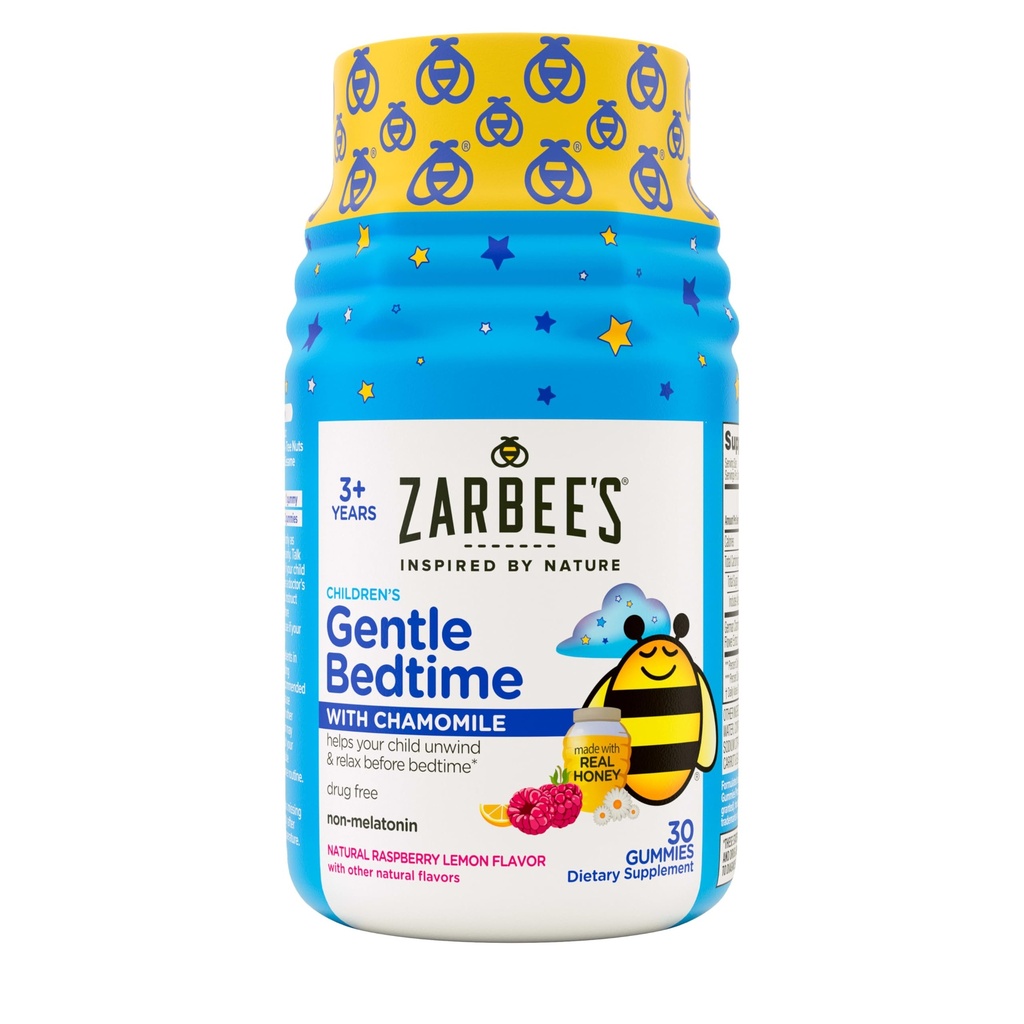 Zarbee 's Gentle Bedtime Gummies for Kids - Melatonin- Free Blend of Natural Honey, Raspberry Lemon, og Kamille hjælper børn slappe af og slappe af for at forberede sig på søvn, 30ct
