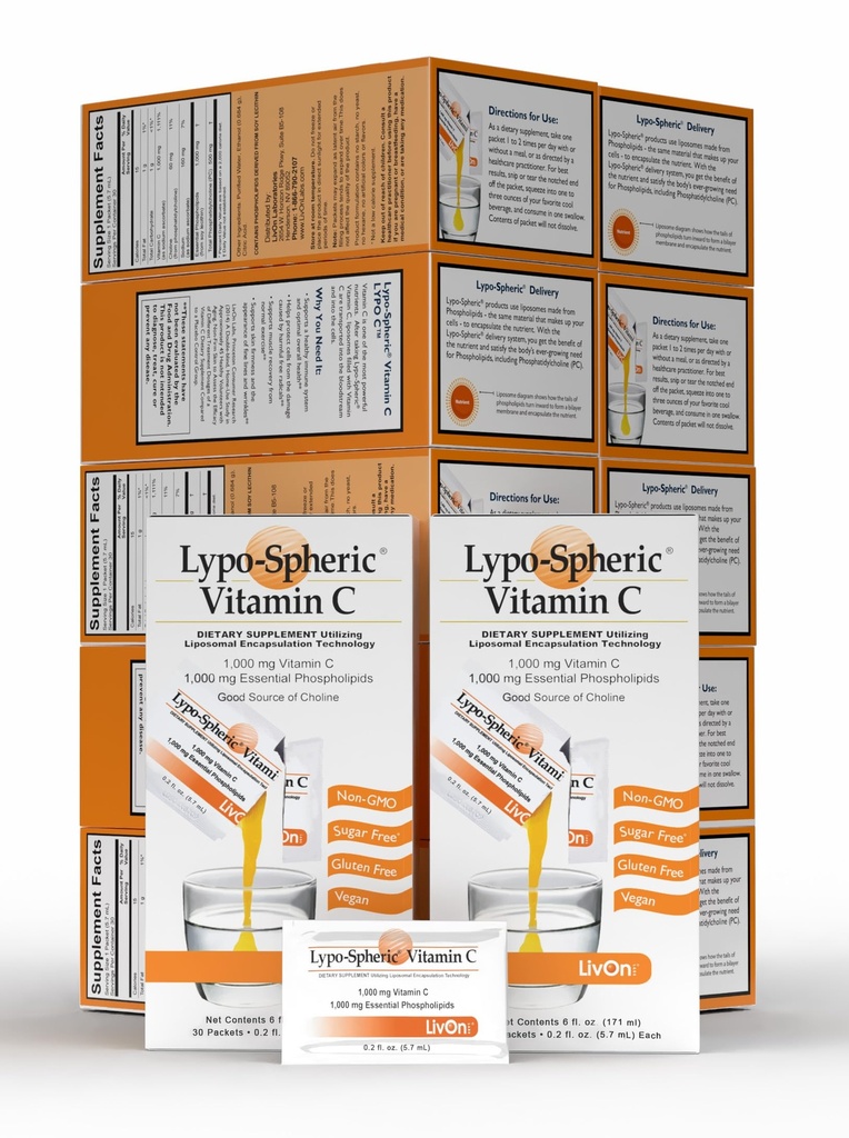 LivOn Laboratories Lypo- Spheric Vitamin C - 1000 mg C-vitamin & 1000 mg Essential Phospholipids Per Packet - Liposome indkapslet for forbedret absorption - Non- GMO (12 kartoner, 360 Pakninger)