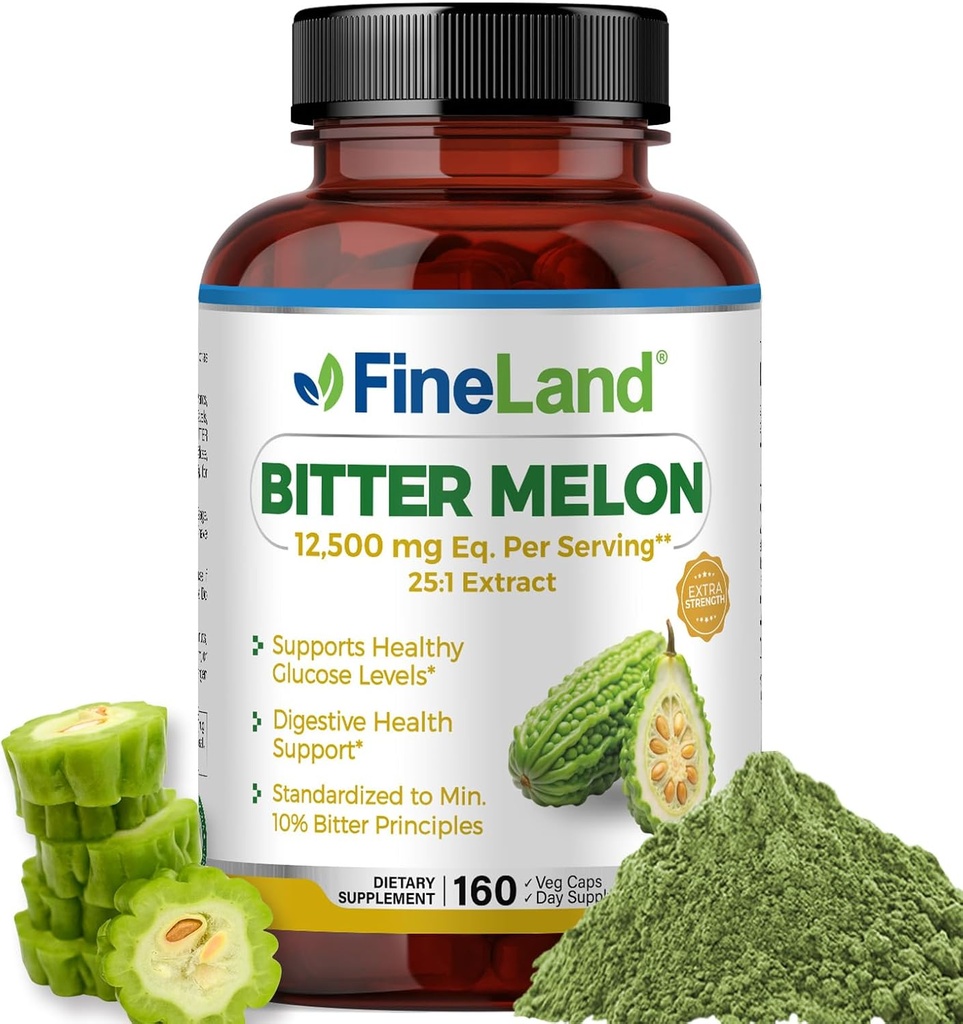 FineLand Bitter Melon 25: 1 Extract 12,500mg Strength, 10% Bitter Principper, 160 Vegan Kapsler, Understøtter fordøjelsessygdomme, Standardiseret og koncentreret 25X Extract, Non- GMO Made in USA