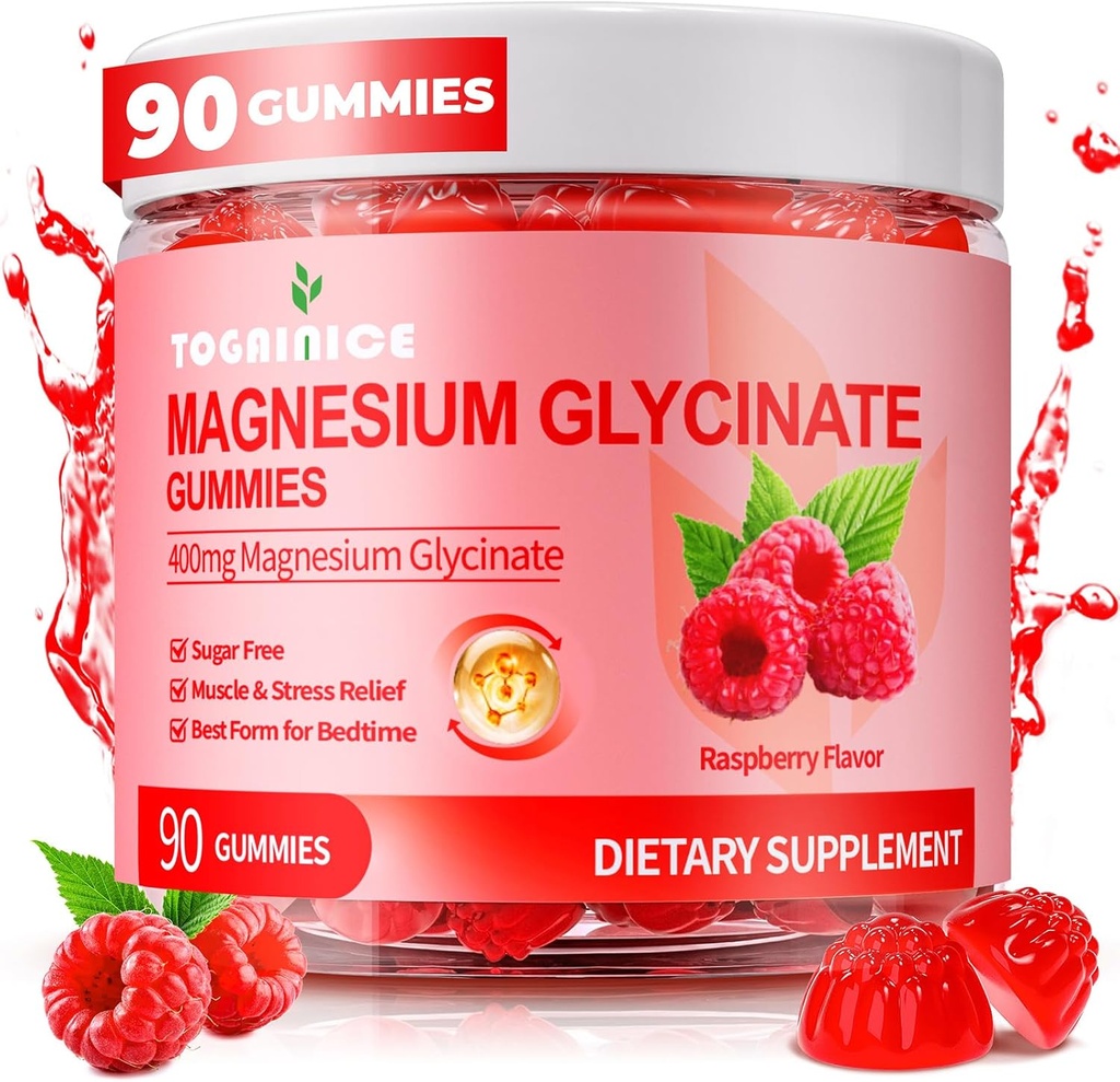 Magnesium Glycinate Gummies 400mg for Adult & Kids，90 Ct Sugar Free Magnesium Gummies with Potassium Magnesium Supplement for Women & Men，Sleep Msucle & Engergy Support，Raspberry Flavor