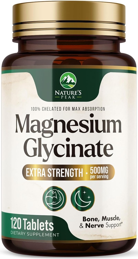 Magnesium Glycinat 500mg - Chelated for Ultra Absorption - Understøtter ben, muskel, nerver og hjerte sundhed, Nature 's Sleep Support, Bedste Magnesium supplement piller til hele kroppen støtte - 120 tabletter