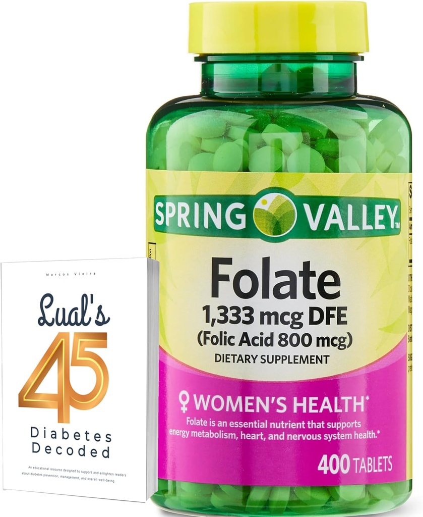 Folate 1.333 mcg. Spring Valley Folate Kosttilskud, 1.333 mcg DFE, 400 Greve, Folate Supplement for kvinder Graviditet, Folinsyre 800 Bundle med Lualls 45 Diabetes afkodet