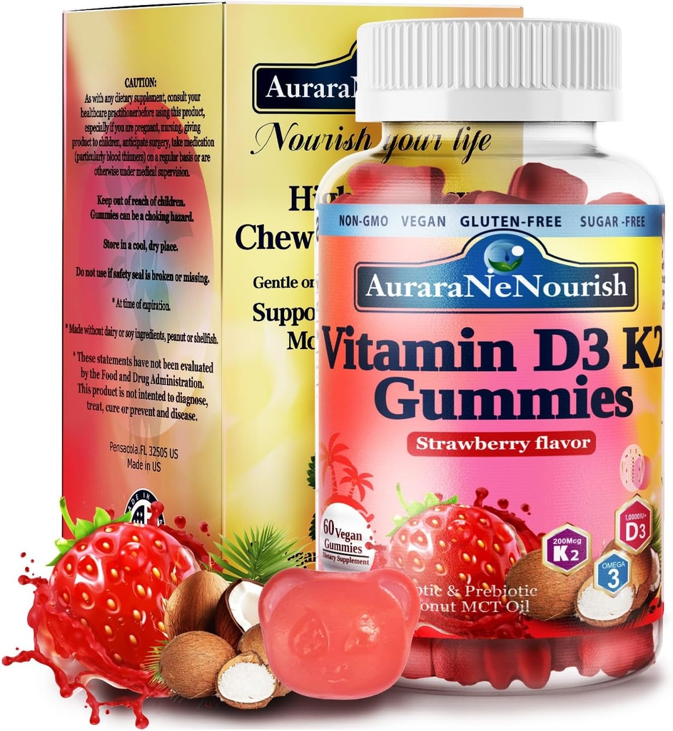 D3 K2 Vitamin 10000 IU, Sugar Free Vitamin D3 K2 Gummies w. Pro & Pre, Chewable Vitamin D3 and K2 (MK-7) Supplements for Bone, Teeth, Immune, Heart & Digest Health, Calcium Absorption丨Plant-Based