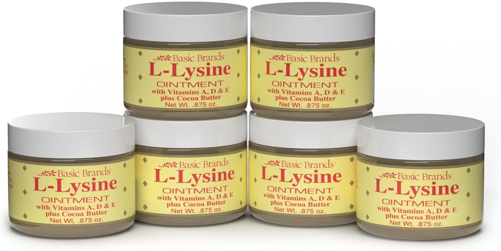 Grundlæggende brands - L- Lysin Salve - 0,875 oz - Lysin Cold Sore Treatment og Blister Relief - Soothes Chapped Lips og tørre hud - 6 -Pack