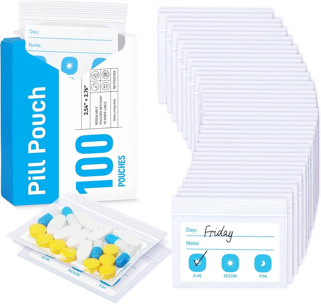 ZIKEE Pill poser til rejser, Genanvendelige Pill Pouches BPA Gratis 2,75 "x 3,54", Daglig medicin poser med XL kapacitet til 24 Fish Olies, Vitamin Organizer med Customizable Write- on Area (100 Count)