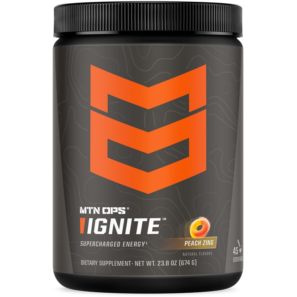 MTN OPS Ignite Energy Drink Powder, Gluten Free Nootrop Supplement Drink Mix, L Arginin, L Citrullin, Koffein & Nootrop Sugar Free Drink Mix, 45 Servering, Peach Zing
