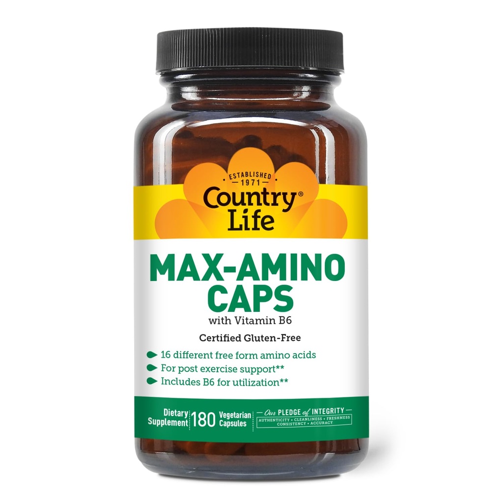 Country Life Maxi- Amino med 16 gratis form Aminosyrer, 180 vegetariske kapsler, Certificeret gluten fri, Certificeret vegetar