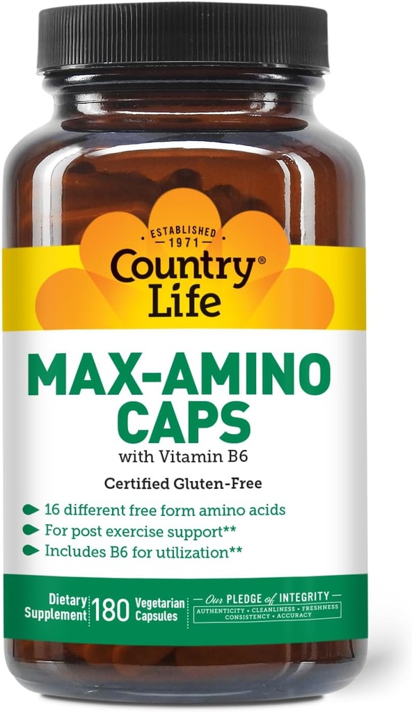 Country Life Maxi- Amino med 16 gratis form Aminosyrer, 180 vegetariske kapsler, Certificeret gluten fri, Certificeret vegetar