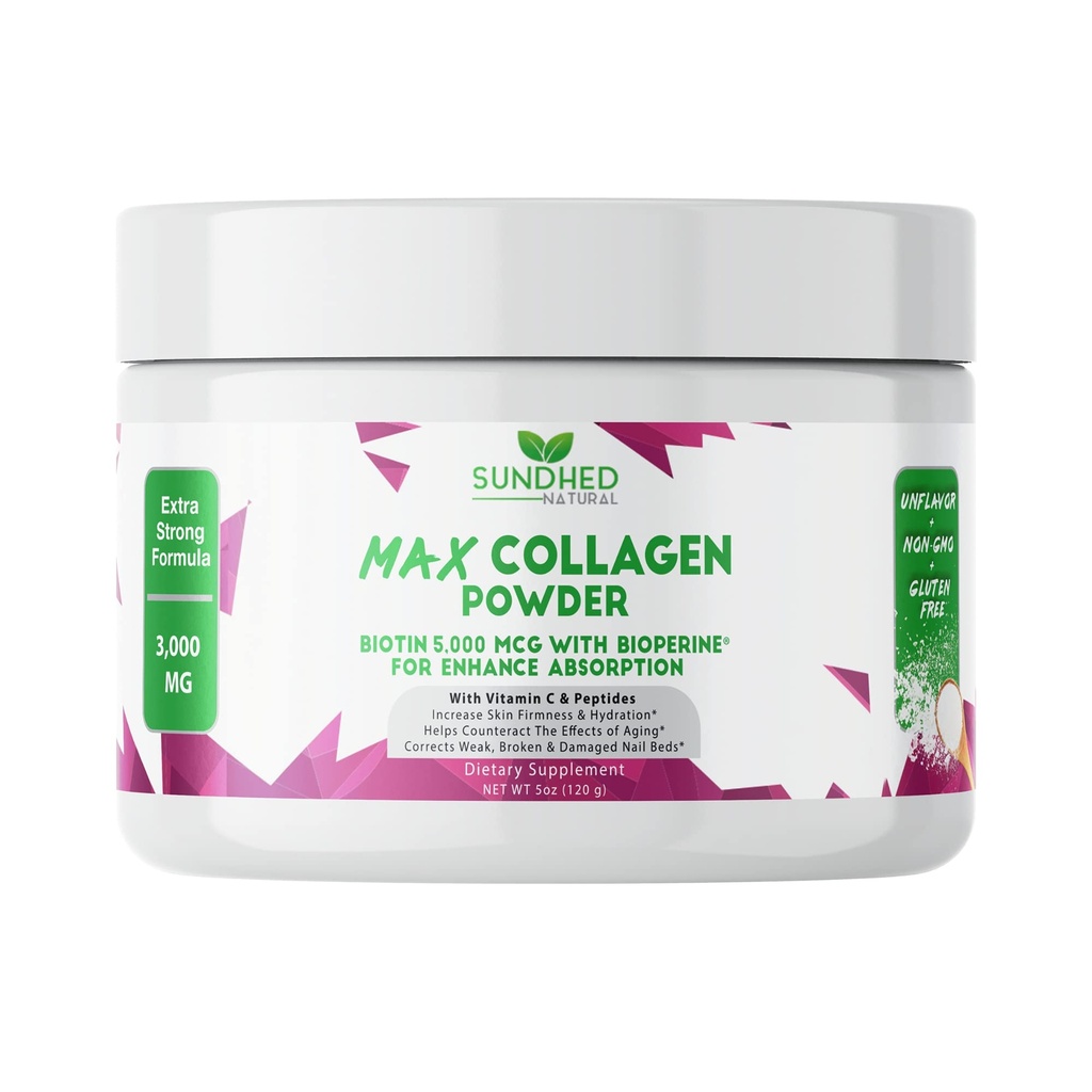 Max Collagen Plus C (30 dages forsyning) - Alle naturlige collagen pulver med biotin & bioperine til at øge anti ældning & hud Firmness - 500mg C-vitamin - Styrke knogler og negle