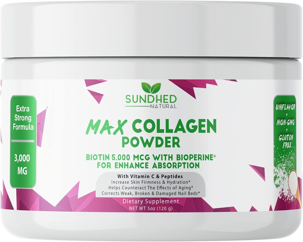Max Collagen Plus C (30 dages forsyning) - Alle naturlige collagen pulver med biotin & bioperine til at øge anti ældning & hud Firmness - 500mg C-vitamin - Styrke knogler og negle
