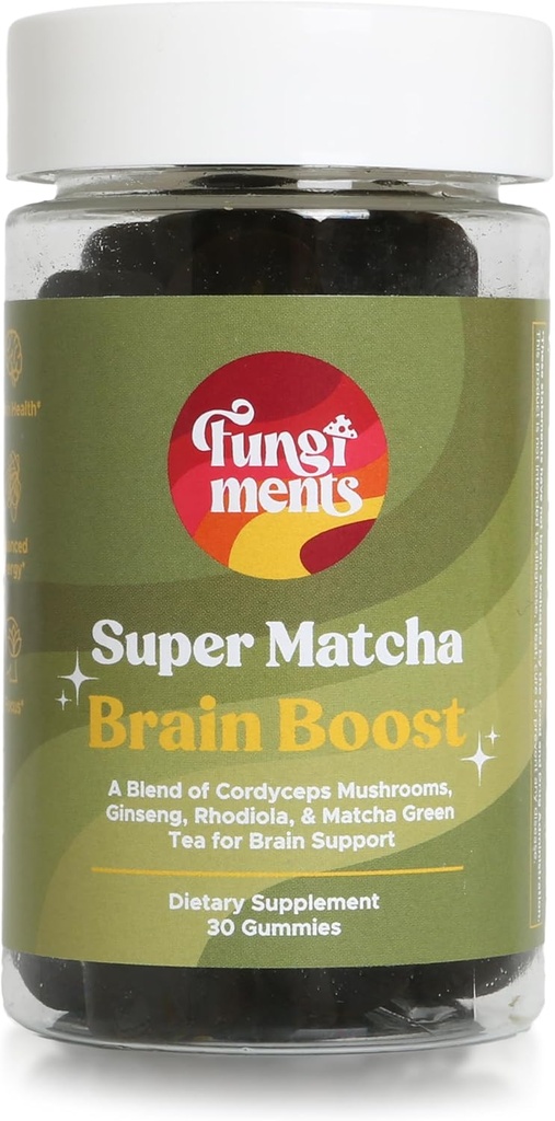 Fungiments Super Matcha - Cordyceps Mushrooms, Green Tea Powder, Ginseng, Rhodiola - Daglig energi og udholdenhed (30 Mushroom Gummies)