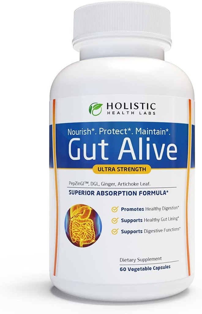 Gut Alive - All Natural Support to Fight IBS, Heartburn, Acid Indigestion, Acid Reflux, Bloating & Gas. Unique Formulation (60 Count (Pack of 1))