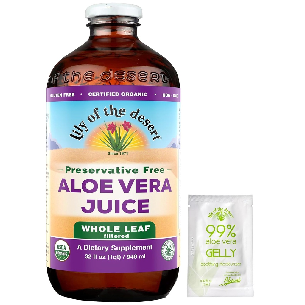 Lily Of The Desert Aloe Vera Juice, Konserveringsfri - Whole Leaf Aloe Vera Drik med naturlige vitaminer, fordøjelige enzymer til Gut Health, Mave Relief, Wellness, glødende hud, Gelly Sachet inkluderet