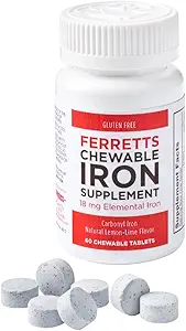 Ferretts Chewable Iron Supplement 18mg (Carbonyl Iron) - 60- Day Supply of Lemon- Lime Flavored Iron Chewables for Iron Deficiency - Gentle & Non- Constipating Iron Supplement Chewables (60ct.)