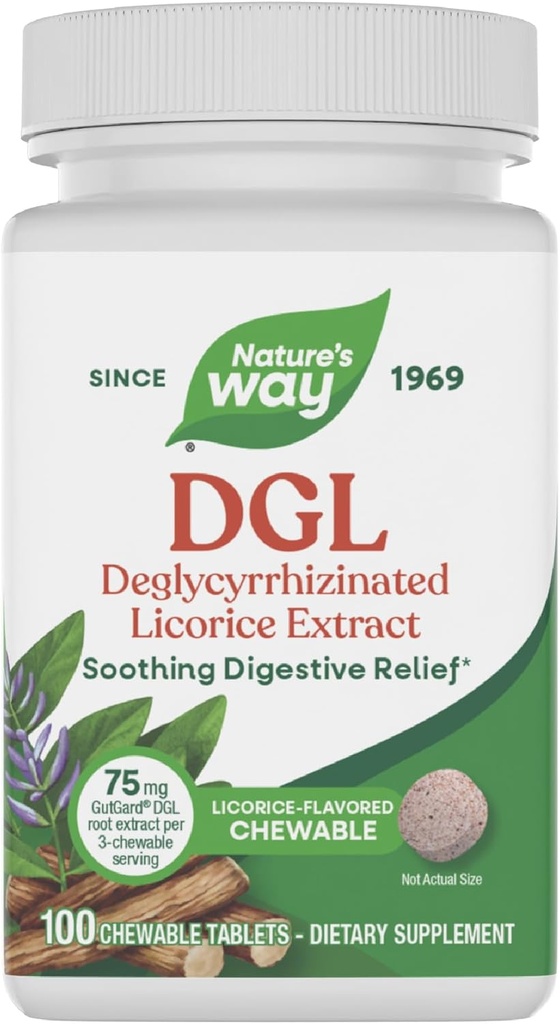 Nature 's Way DGL Chewable Tablets, Lindrende fordøjelsesbesvær *, For lejlighedsvis Mavesæk Upset *, Deglycyrrhizated Licorice Extract, Gluten Free, Licorice Flavored, 100 tabletter (Packaging May Vary)