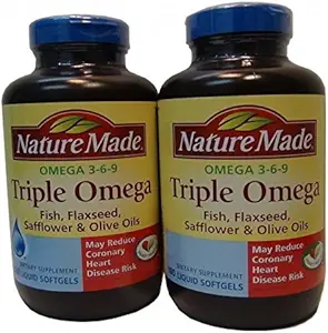 Nature Made Triple Omega 3 6 9 - Fisk, Flaxseed, Saflor & Olivenolie - 2 flasker, 180 softels Hver