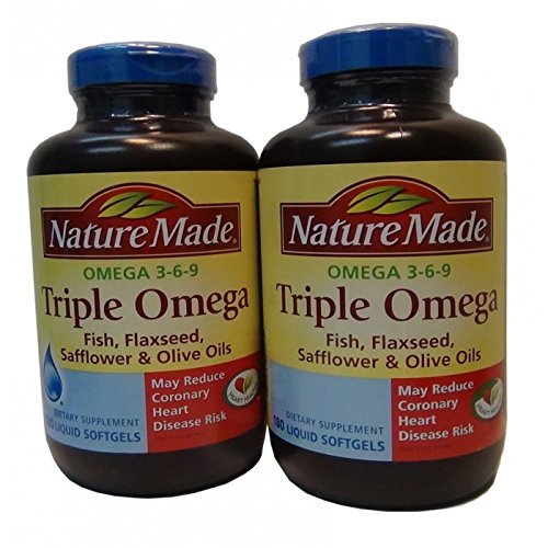 Nature Made Triple Omega 3 6 9 - Fisk, Flaxseed, Saflor & Olivenolie - 2 flasker, 180 softels Hver