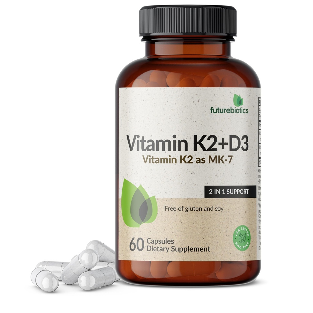 Futurebiotika Vitamin K2 (MK7) med D3 Supplement - Non- GMO Formel - 5000 IE Vitamin D3 & 90 mcg Vitamin K2 MK- 7, 60 Vegetariske kapsler