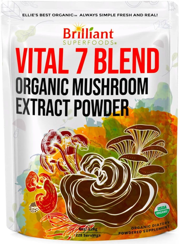 Ellie 's Best 7 Mushroom Powder Extract Organic Blend - Reishi, Lion' s Mane, Chaga, Tyrkiet Tail, Cordyceps, Maitake & Shiitake - Dobbelt Extracted - Pure No Fillers - 8oz / 228 1g Servering......