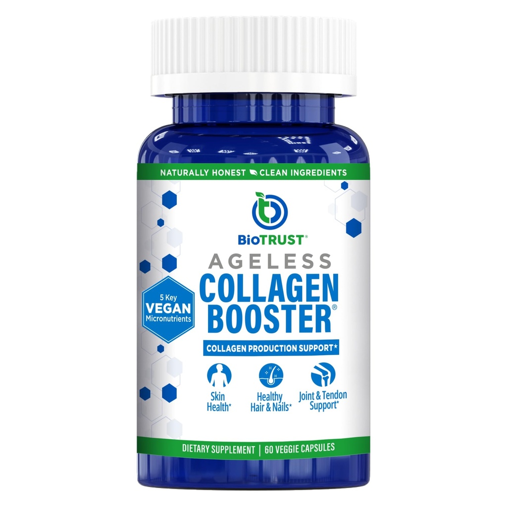 BioTrust Agueless Collagen Booster, Powerfull Support Beauty fra Indenfor, Vegan Collagen Builder til glødende hud, Smukke hår, Smukke negle, Sunde Joints, 60 kapsler (30 Servere)