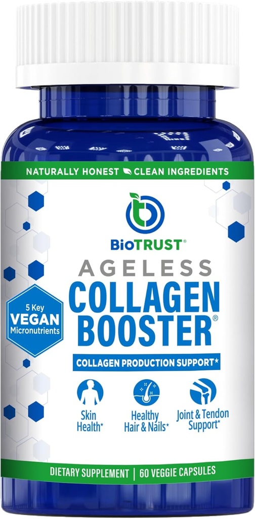 BioTrust Agueless Collagen Booster, Powerfull Support Beauty fra Indenfor, Vegan Collagen Builder til glødende hud, Smukke hår, Smukke negle, Sunde Joints, 60 kapsler (30 Servere)