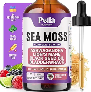 Sea Moss and Ashwagandha Liquid Supplement - Infunderes med løvens Mane, Black Seed Oil, og Bladerwrack - Vegan, Easy- to- Mix Formel - Understøtter Antioxidant Aktivitet og immunforsvar (blandet berry, 60ml)