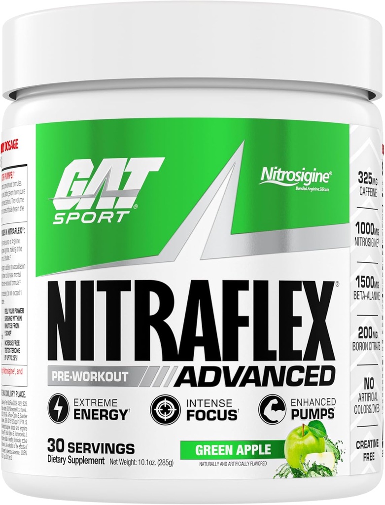 GAT SPORT Nitraflex Avanceret præ-workout pulver, øger blodgennemstrømningen, øger styrke og energi, forbedrer motion ydeevne, Kreatin-fri (Green Apple, 30 Servere)